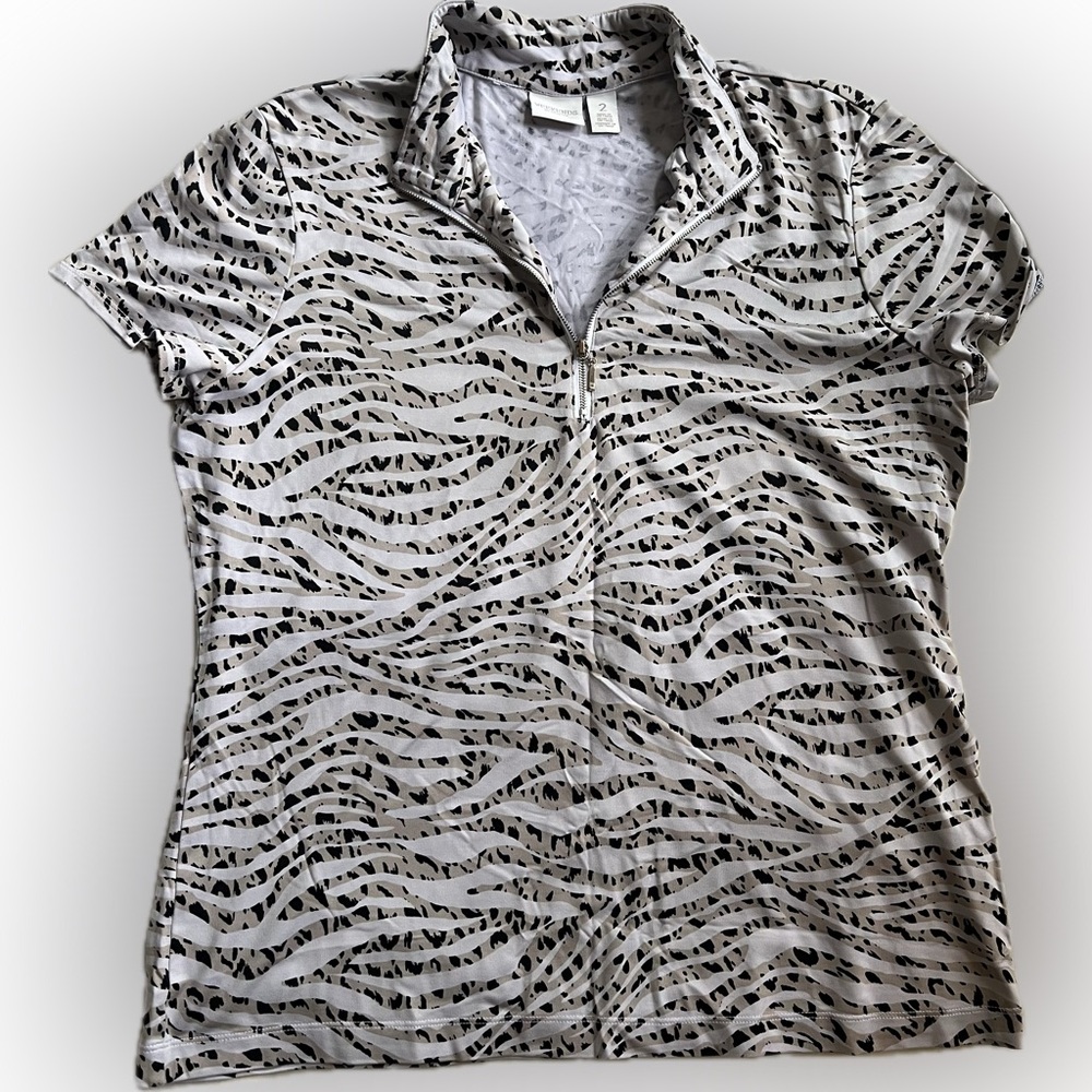 Chico’s Weekends 1/4 zip short cap sleeved printed nylon stretch top 2 L